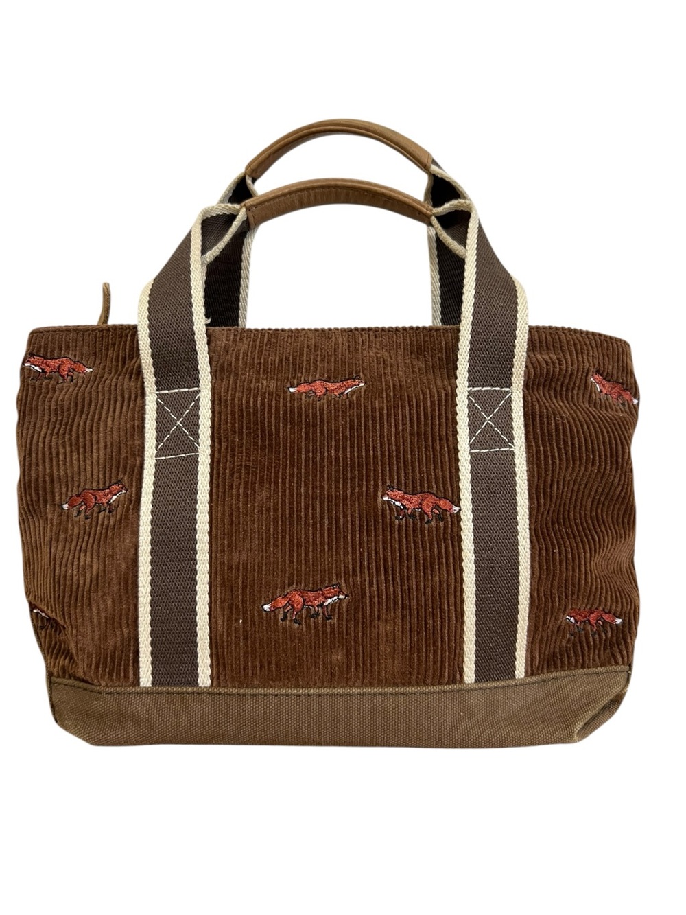 L.L. Bean Brown Corduroy Fox Embroidered Leather Trim Tote Bag